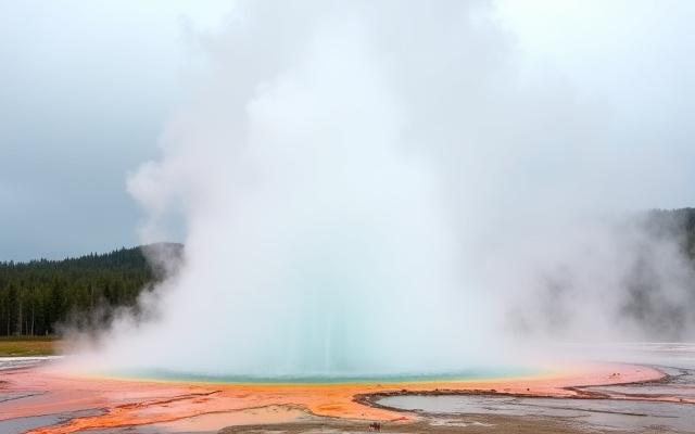 A powerful geyser erupting with steam and hot water against a backdrop of colorful mineral deposits and a dramatic sky, showcasing geothermal activity.