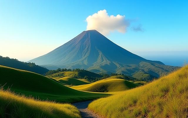 Volcano with a gentle plume of smoke, lush green foothills, and a clear blue sky, illustrating a safe and picturesque hiking destination.