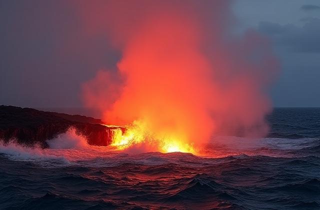 Red-hot lava flowing into the ocean in Hawaii, creating steam and new land.
