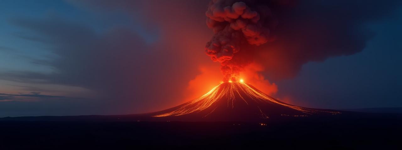 Panoramic view of an erupting volcano with fiery lava and dramatic ash clouds, silhouetted against a twilight sky.